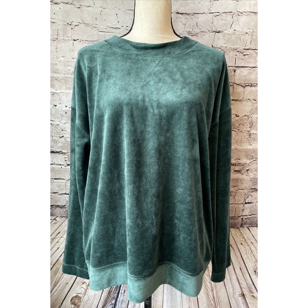 J Jill Top Sweatshirt Womens Green Velour Long Sleeve Shirt Size L